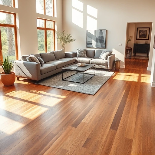 Spacious modern living room in Austin with rich oak hardwood floors, contemporary furniture, and natural light.