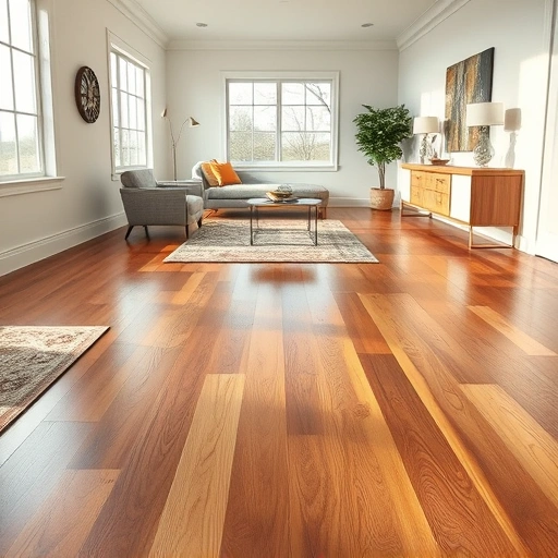 Polished hardwood floor installation in Hornsby Bend TX with elegant rugs, white baseboards, and modern decor.