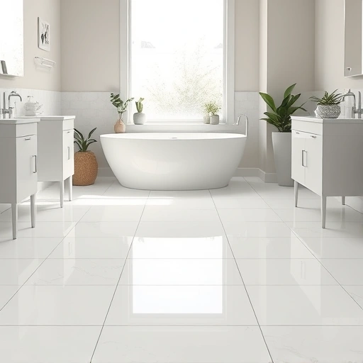 Pristine tiled bathroom floor in Round Rock with gleaming white grout, elegant fixtures, and serene natural light.