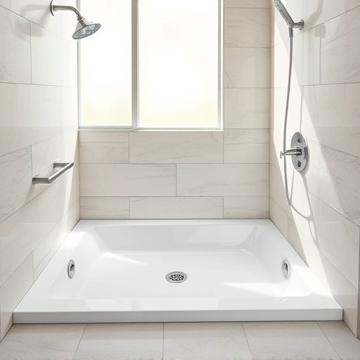 Newly installed shower pan in a modern bathroom with polished surfaces, sleek fixtures, and neutral tile walls.