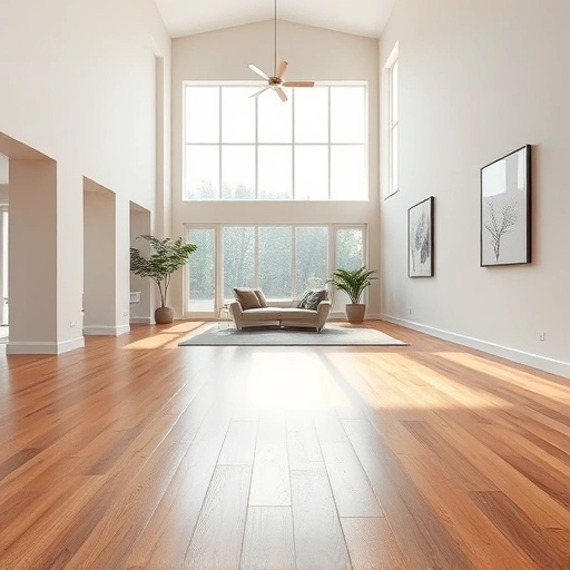Spacious room with high ceilings and sunlight highlighting beautifully laid hardwood flooring and minimalist decor.
