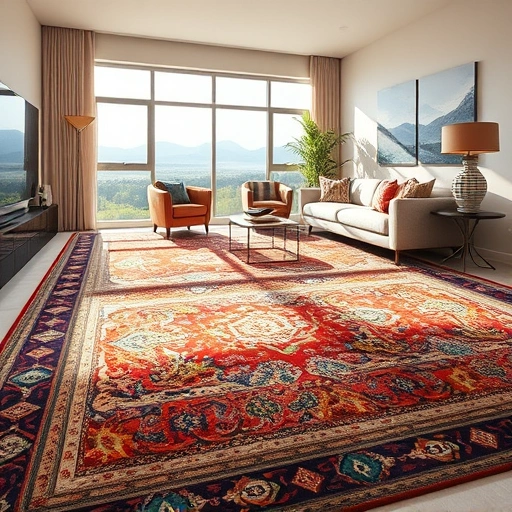 Completed carpet installation in Lago Vista features vibrant patterns in a cozy living room with serene landscape views.