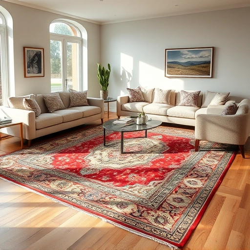 Completed area rug in a spacious living room in Leander, TX, featuring vibrant colors and elegant decor.