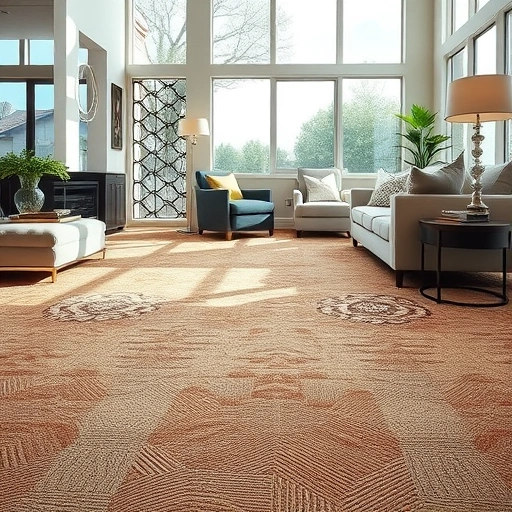 Completed carpet installation in a modern Lakeway TX living room, showcasing vibrant colors and intricate patterns.