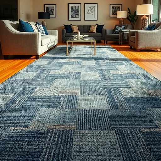 Completed carpet installation in Four Points TX with rich blues and earth tones in a stylish living room setting.