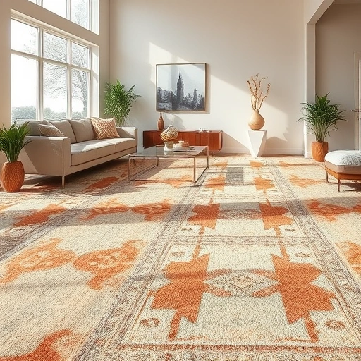 Completed carpet installation in Leander with intricate patterns and warm earth tones in a modern living room setting.