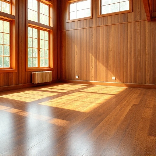 Spacious room with polished hardwood flooring glowing in natural light from large windows, showcasing craftsmanship.
