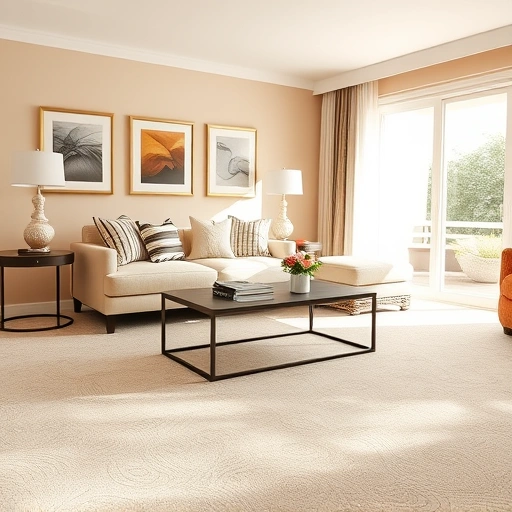 Beautifully designed living room in Volente TX with intricate beige carpet, elegant furniture, and natural light.