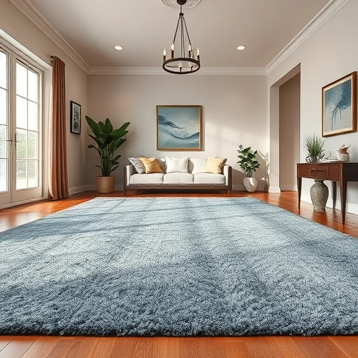 Completed carpet installation in Thrall TX with plush deep blue and warm neutral tones in a bright living room.