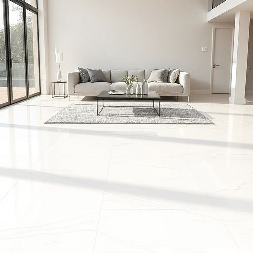 Porcelain tile flooring installation in a spacious Round Rock living room with large glossy white tiles and modern decor.
