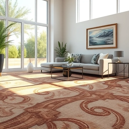 Luxurious living room carpet installation in Pflugerville with intricate patterns, warm colors, and stylish decor.