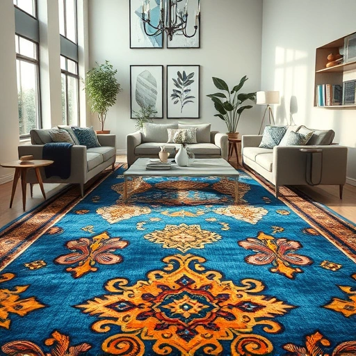 Completed carpet installation in Cedar Park featuring deep blue and earth-toned patterns in a modern living room.