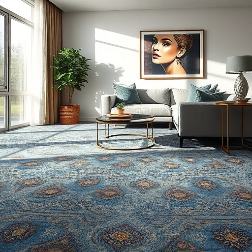 Stylish living room in Manor TX showcasing intricate carpet patterns in deep blues and warm earth tones, elegantly furnished.