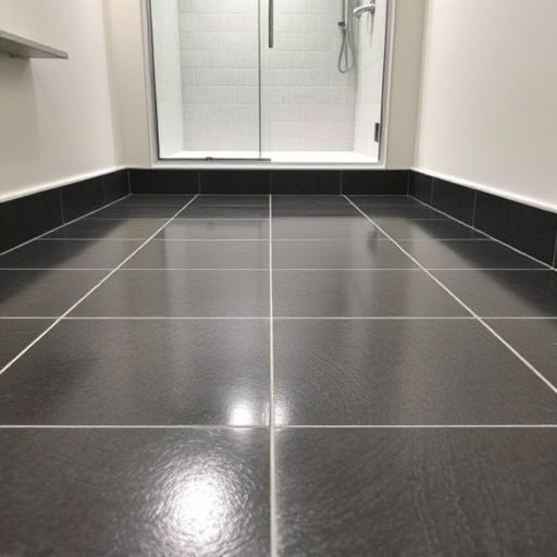 Completed bathroom floor waterproofing in Round Rock features sleek dark gray tiles, modern shower, and clean design.