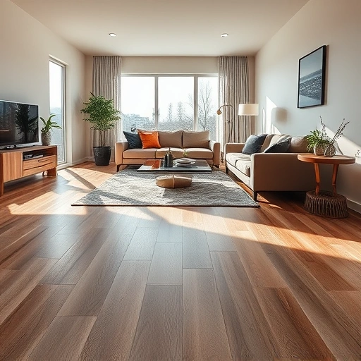 Completed vinyl SPC flooring in a modern living room with stylish furniture and natural light highlighting its design.