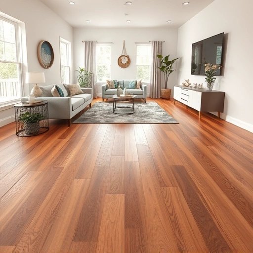 Beautiful hardwood flooring in a spacious living room with modern decor and soft light enhancing its natural features.