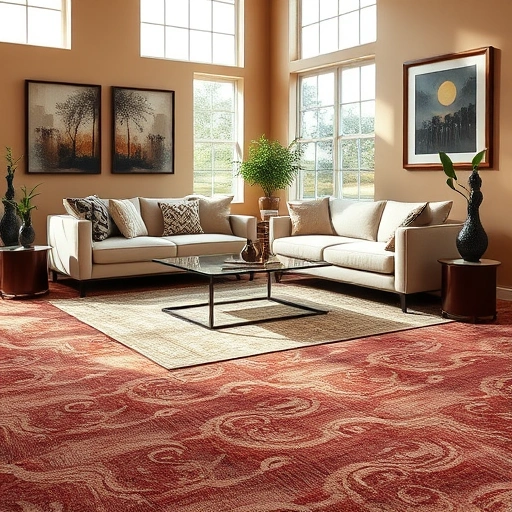 Stylish living room in Manor TX with intricate carpet, plush furniture, natural light, and tasteful decor.