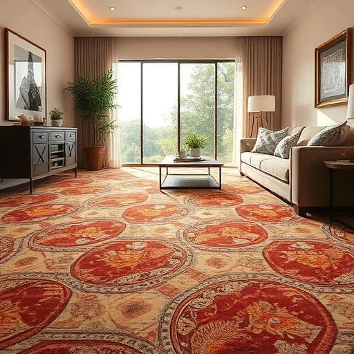 Stylish living room in Sunset Valley TX showcasing a beautifully installed carpet with intricate patterns and rich colors.