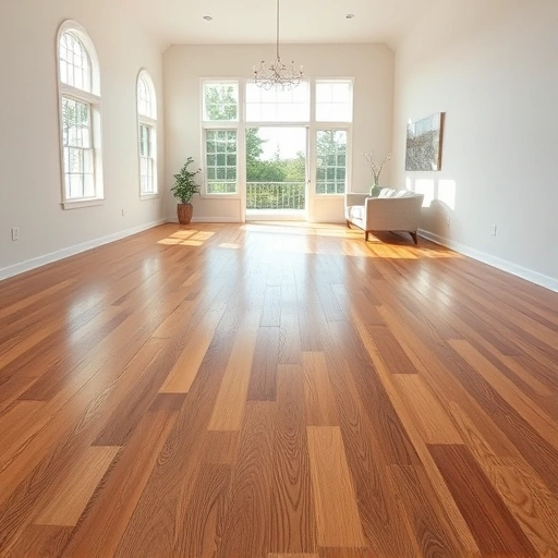 Spacious room featuring gleaming hardwood flooring with rich tones and intricate grain patterns under natural light.