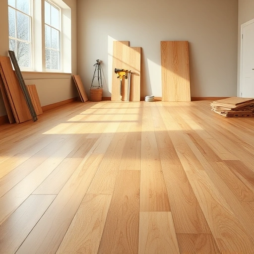 Perfectly completed subfloor replacement in Round Rock with smooth wooden texture and warm color palette in a spacious room.