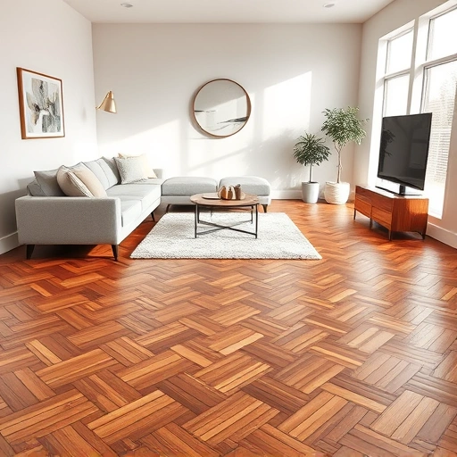 Spacious living room in Cedar Park TX with warm-toned herringbone hardwood floors and modern minimalist decor.