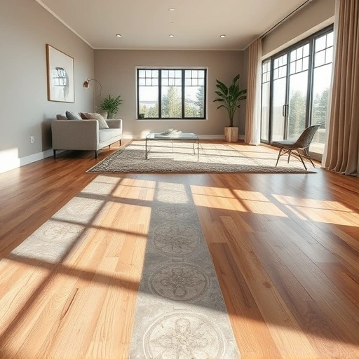 Completed flooring installation in Pflugerville showcasing polished oak and intricate tile patterns in a spacious room.