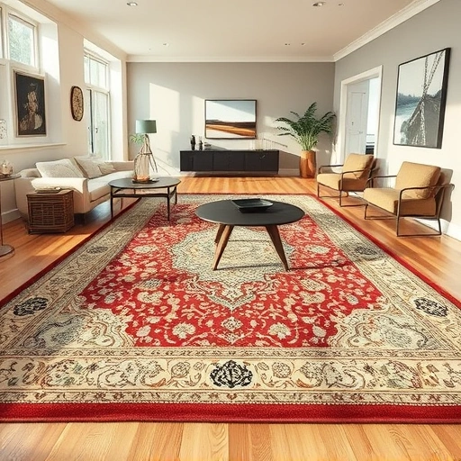 Completed carpet in spacious Austin room with hardwood floors, large windows, and tasteful furnishings.