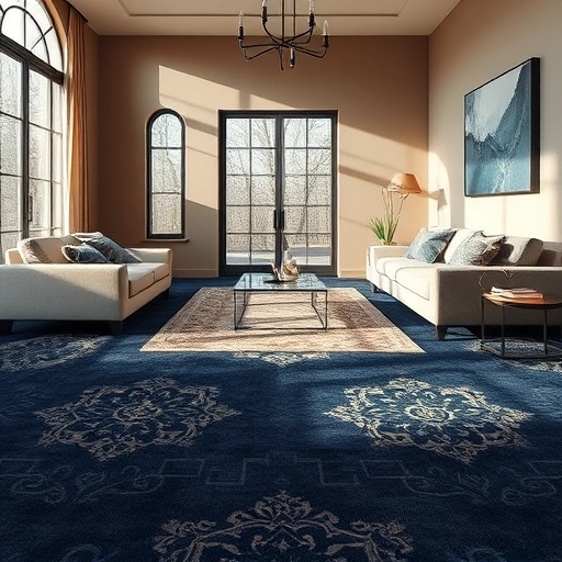 Luxurious living room in Bee Cave TX with deep navy blue carpet, elegant furniture, and warm decor highlights.