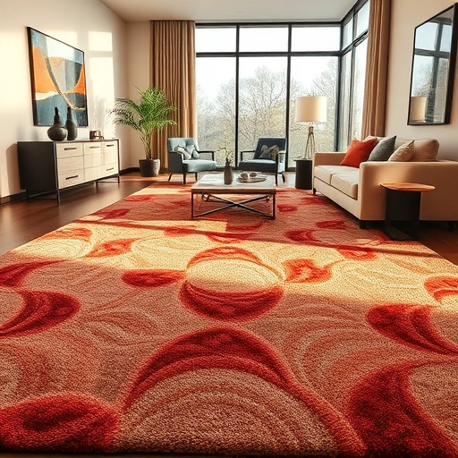 Vibrant plush area rug in a modern Volente TX living room with elegant furniture and warm lighting.