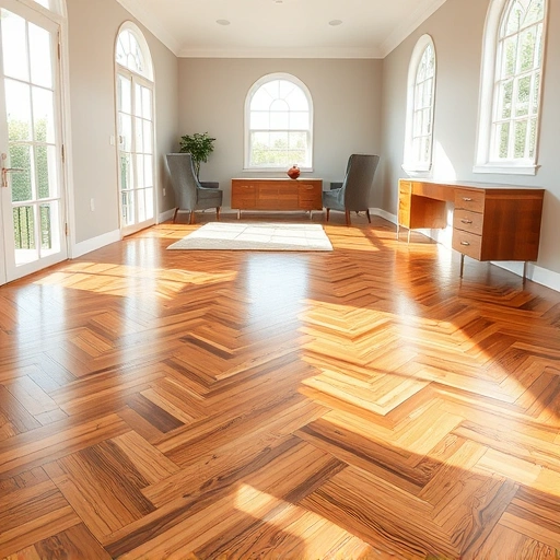 Spacious room with polished herringbone hardwood floors, warm tones, and natural light from large windows.