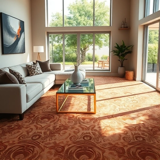 Luxurious living room in Point Venture TX featuring intricate carpet patterns, modern furnishings, and natural light.