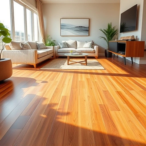 Completed hardwood flooring project in modern living room with elegant furniture and natural light enhancing warmth.