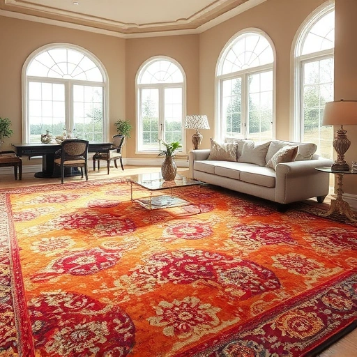 Completed carpet installation in Lago Vista TX featuring vibrant patterns and warm colors in a spacious living room.