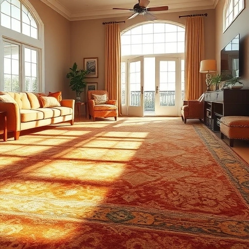 Luxurious carpet installation in a spacious Thrall TX living room with intricate patterns and warm earth tones.