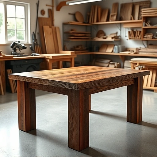 Beautifully crafted dark oak table in a modern workshop, showcasing expert woodworking and organized tools.