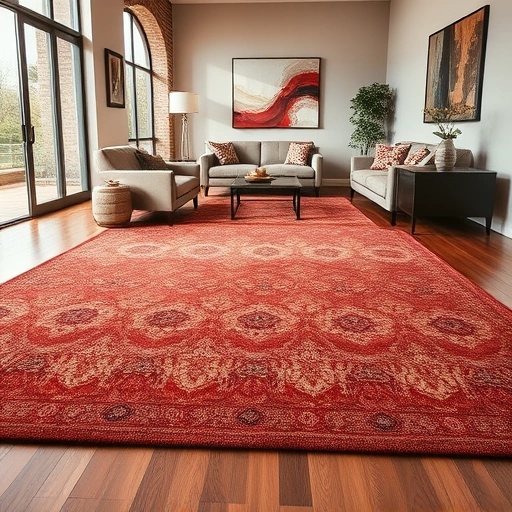 Completed carpet installation in Florence TX with intricate patterns in deep reds and earth tones on hardwood floor.