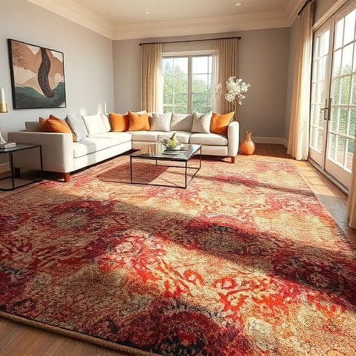 Completed carpet installation in Buda TX showcasing vibrant design in a spacious living room with elegant decor.
