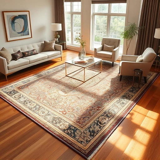 Completed carpet installation in Round Rock featuring a luxurious area rug on polished hardwood with modern decor.