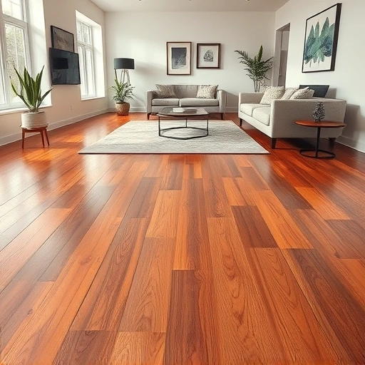 Completed hardwood flooring installation in a stylish living room with modern decor and ample natural light.