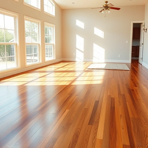 Spacious room with polished warm-toned hardwood flooring and natural light highlighting elegant design elements.