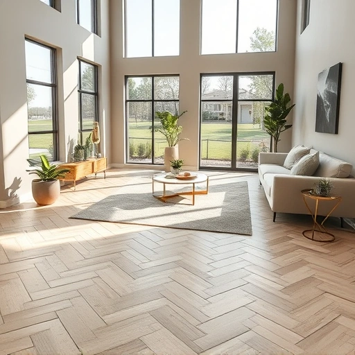 Ceramic tile flooring in light beige and cream herringbone pattern enhances a stylish living space in Round Rock.