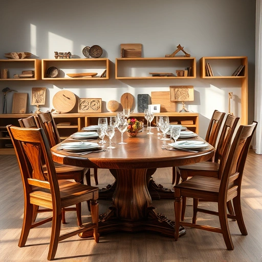 Elegant walnut dining table set with fine china and crystal in a warm showroom with crafted wooden chairs.