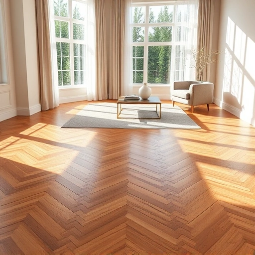 Stunning herringbone hardwood floor in spacious Round Rock TX room with natural light, elegant decor, and soft shadows.