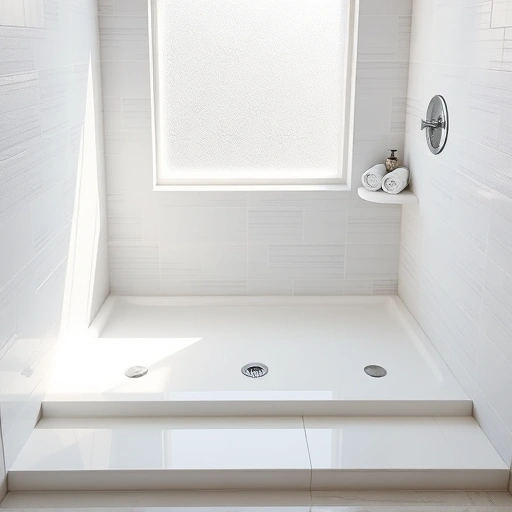 Modern bathroom with a flawless shower pan replacement, elegant tiles, and serene natural light ambiance.