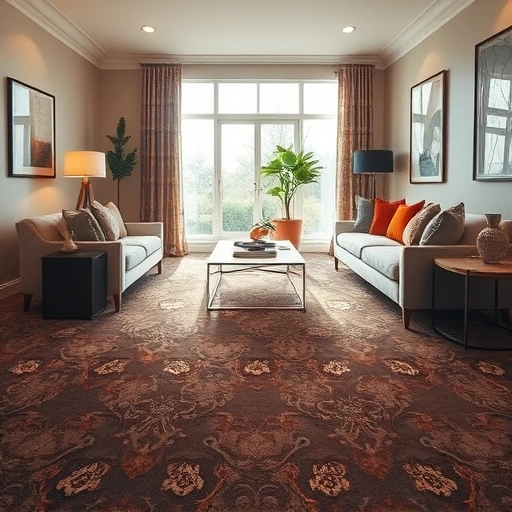 Luxurious living room with intricate carpet, stylish furniture, soft lighting, and elegant decor in Pflugerville.