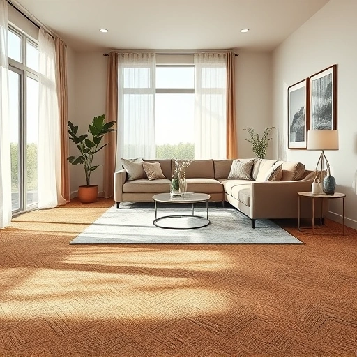 Completed carpet installation in modern Pflugerville living room with textured earth-tone carpet and elegant decor.