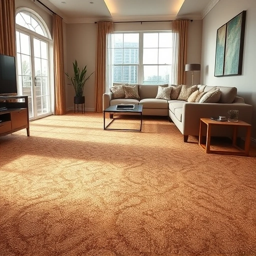Luxurious plush carpet installation in a stylish living room, featuring rich tones and intricate patterns.
