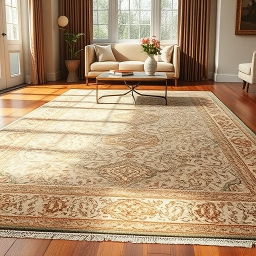 Perfectly completed carpet in Leander with intricate patterns on polished wood floor, warm decor, and natural lighting.