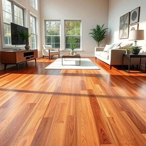 Modern living room in Cedar Park TX featuring stunning hardwood flooring with rich tones and elegant decor.