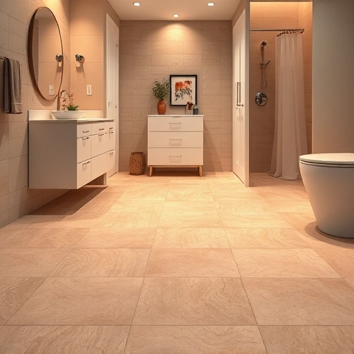 Heated bathroom floor installation in Round Rock with modern tile design, elegant fixtures, and warm lighting.